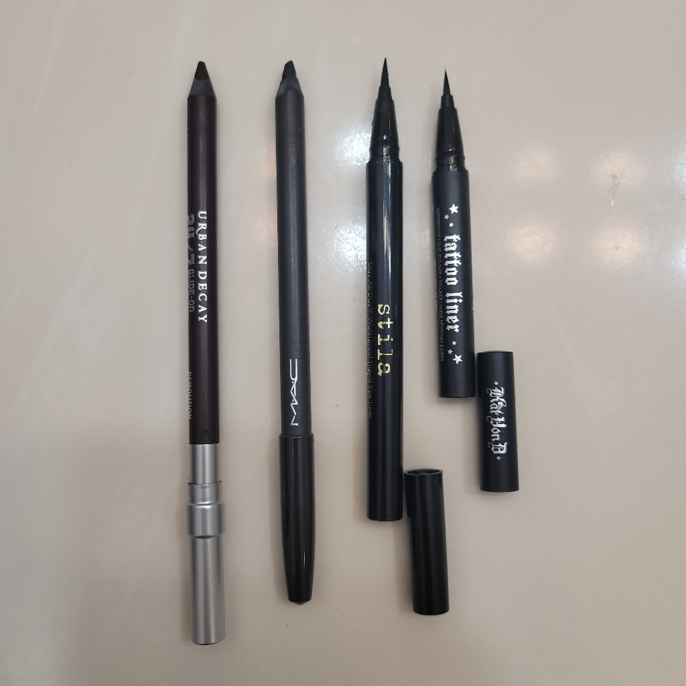 Mac, urban decay eye pencil. Stila, kat von d liquid liner.